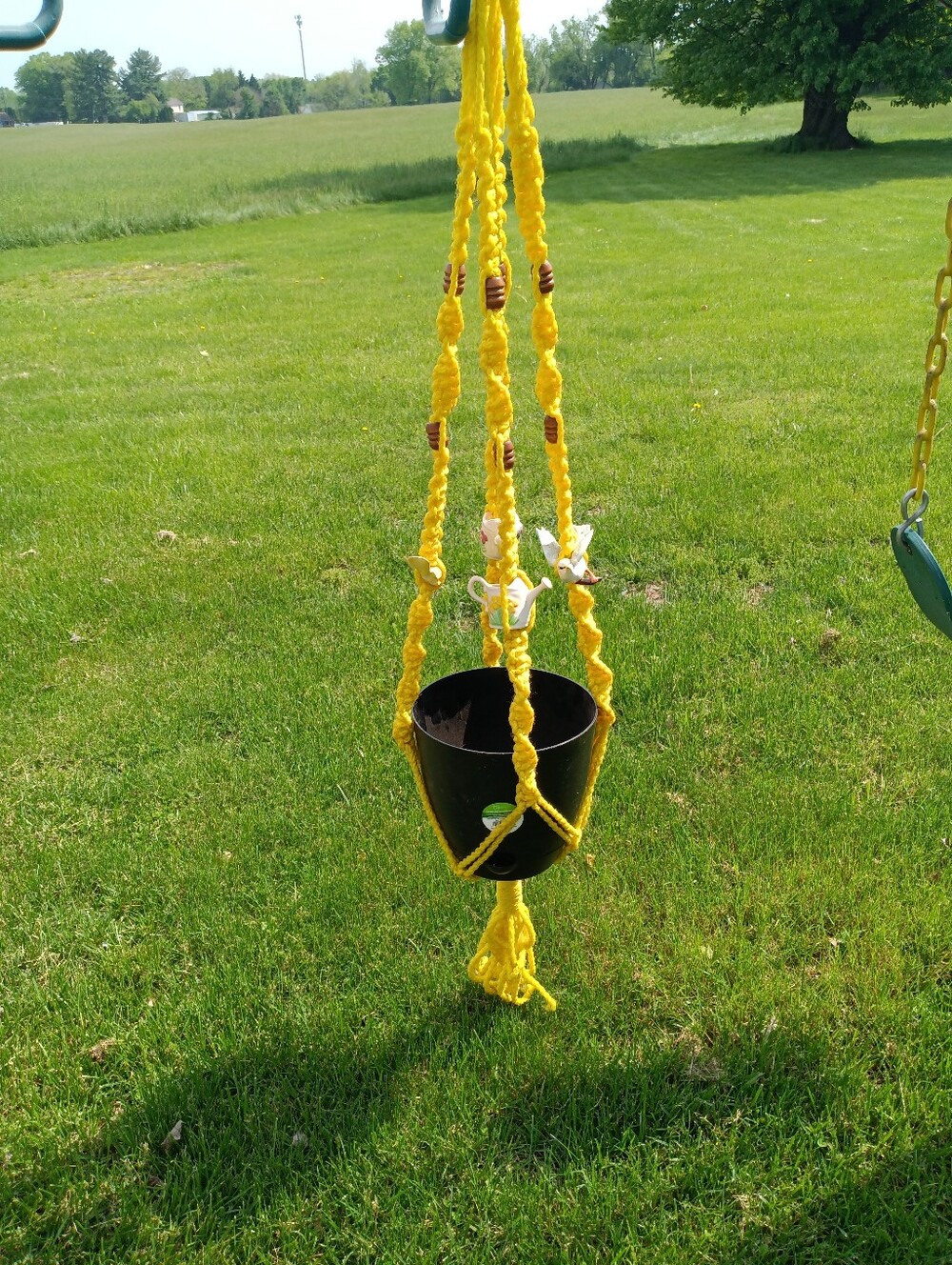 Macrame Boho Yellow Hanging Plant Holder W Ceramic Birds Watering Cans 62"